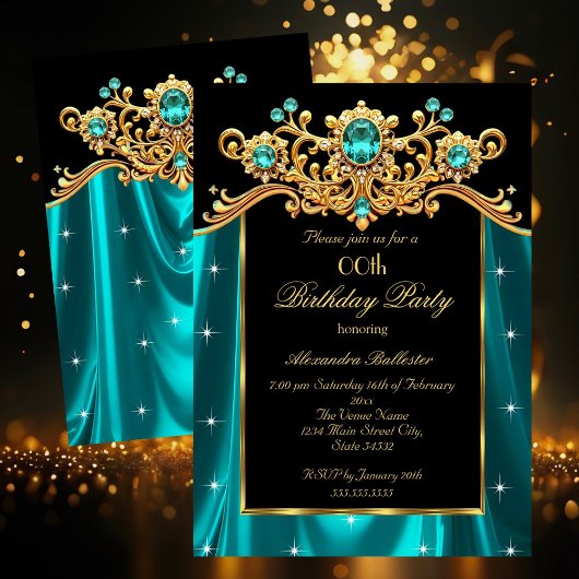 Elegant Birthday Party Teal Blue Silk Gold Gems Kaart