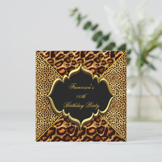 Elegant Birthday Party Wild Leopard Animal Gold Kaart (Staand voorkant)