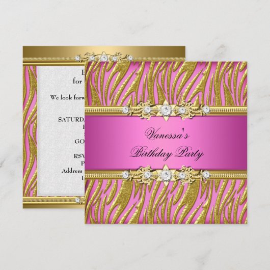 Elegant Birthday Party Zebra Roze Gold Kaart (Voorkant / Achterkant)