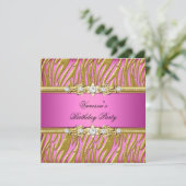 Elegant Birthday Party Zebra Roze Gold Kaart (Staand voorkant)