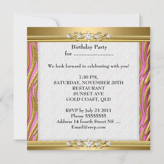 Elegant Birthday Party Zebra Roze Gold Kaart (Achterkant)
