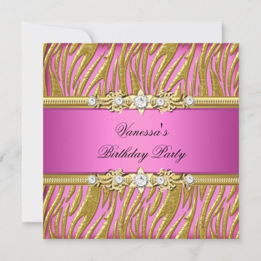 Elegant Birthday Party Zebra Roze Gold Kaart (Voorkant)