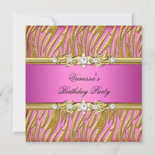 Elegant Birthday Party Zebra Roze Gold Kaart