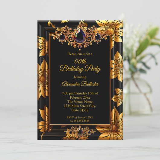 Elegant Birthday Photo Black Gold Floral Damask Kaart (Staand voorkant)