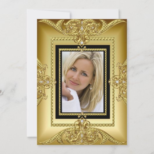 Elegant Birthday Photo Black Gold Golden Lijst Kaart (Achterkant)