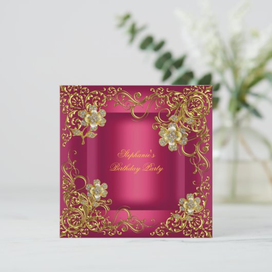 Elegant Birthday Rich Pink Gold Flower Kaart (Staand voorkant)
