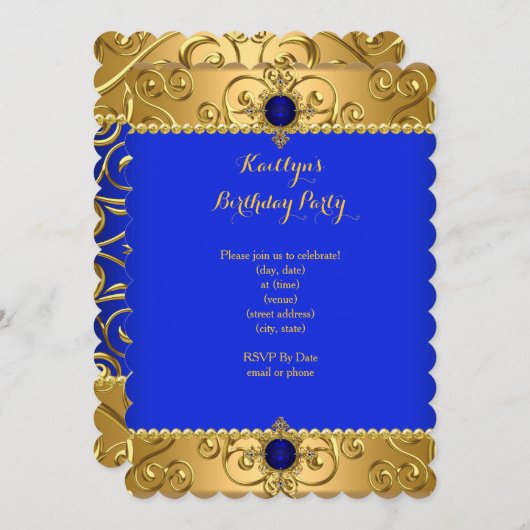 Elegant Birthday Royal Blue Damask Gold B Kaart (Voorkant / Achterkant)
