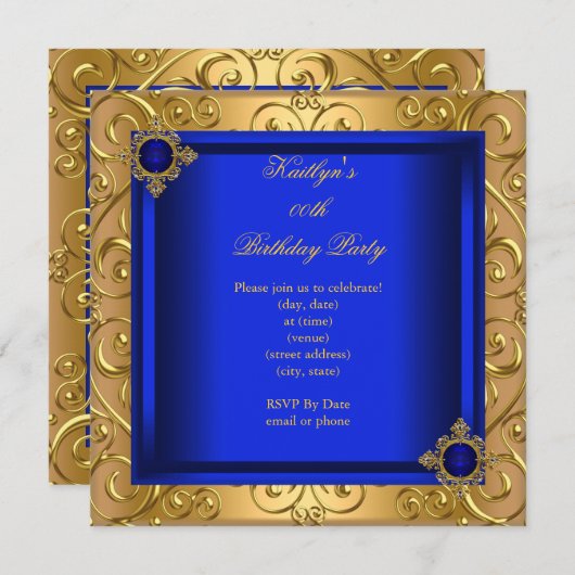 Elegant Birthday Royal Blue Damask Gold Kaart (Voorkant / Achterkant)