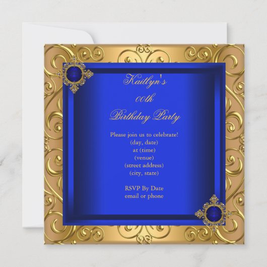 Elegant Birthday Royal Blue Damask Gold Kaart (Voorkant)