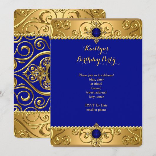 Elegant Birthday Royal Blue Damask Gold R Kaart (Voorkant / Achterkant)