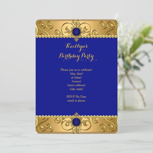 Elegant Birthday Royal Blue Damask Gold R Kaart (Staand voorkant)