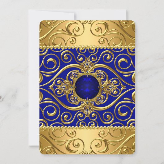 Elegant Birthday Royal Blue Damask Gold R Kaart (Achterkant)