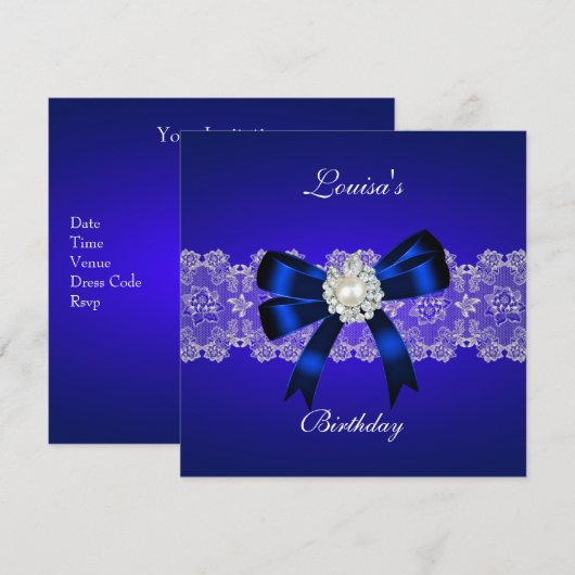Elegant Birthday Royal Blue Pearl White Lace Kaart (Voorkant / Achterkant)