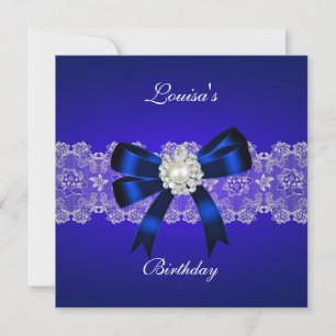 Elegant Birthday Royal Blue Pearl White Lace Kaart