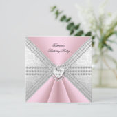 Elegant Birthday Silver Pink Diamond Heart Kaart (Staand voorkant)