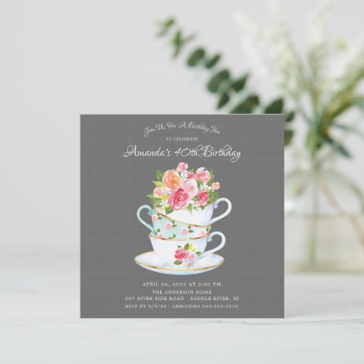 Elegant Birthday Tea Invitation Kaart (Staand voorkant)