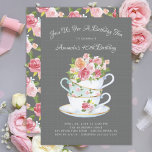 Elegant Birthday Tea Invitation Kaart<br><div class="desc">china theebekers met  roze floralen op een grijze achtergrond voor een verjaardagstheefeestje.</div>