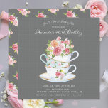 Elegant Birthday Tea Invitation Kaart<br><div class="desc">china theebekers met  roze floralen op een grijze achtergrond voor een verjaardagstheefeestje.</div>