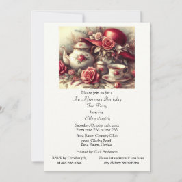 Elegant  Birthday Tea Party Red Hat  Invitation Kaart