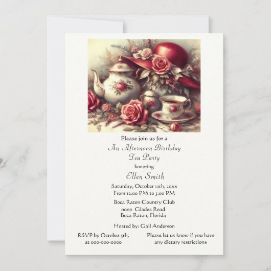 Elegant Birthday Tea Party Red Hat Invitation Kaart (Voorkant)