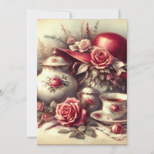 Elegant Birthday Tea Party Red Hat Invitation Kaart (Achterkant)
