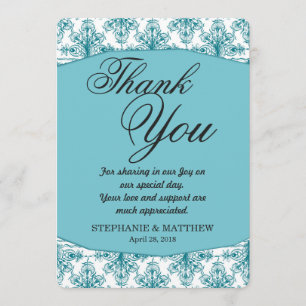 Elegant Biscay Bay Blue & White Damask Patroon Bedankkaart