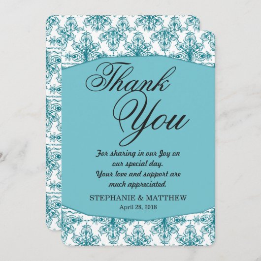 Elegant Biscay Bay Blue & White Damask Patroon Bedankkaart (Voorkant / Achterkant)