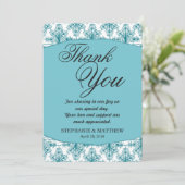 Elegant Biscay Bay Blue & White Damask Patroon Bedankkaart (Staand voorkant)