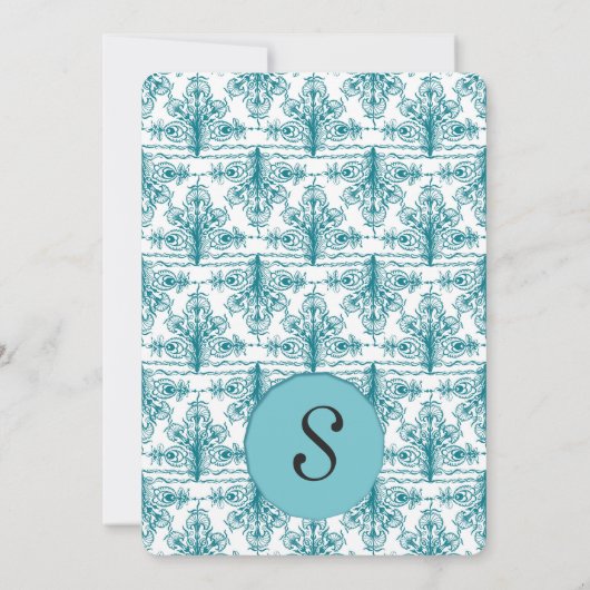 Elegant Biscay Bay Blue & White Damask Patroon Bedankkaart (Achterkant)
