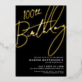 Elegant Black 100th Birthday Gold Folie Uitnodiging (Voorkant)