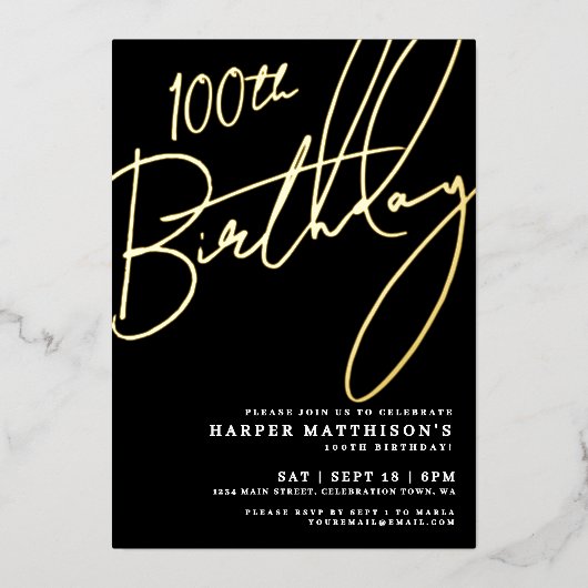 Elegant Black 100th Birthday Gold Folie Uitnodiging (Voorkant)