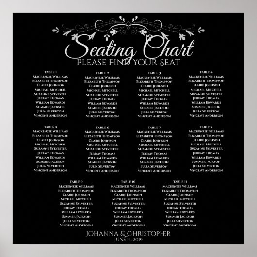 Elegant Black 11 Table Wedding Seating Chart Poster (Voorkant)