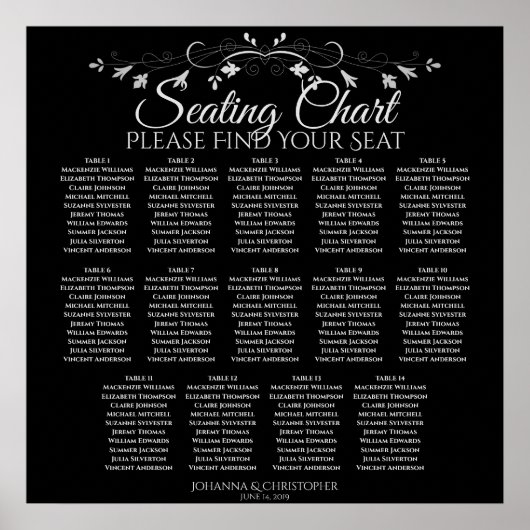 Elegant Black 14 Table Wedding Seating Chart Poster (Voorkant)