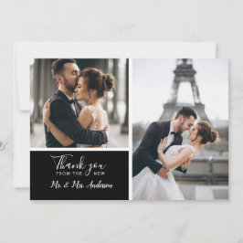 Elegant Black 2 Photo Collage Wedding Bedankkaart