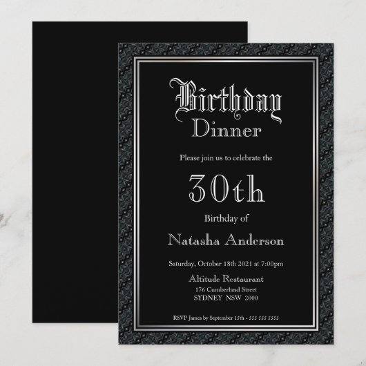 Elegant Black 30th Birthday Dinner Invitation Kaart (Voorkant / Achterkant)
