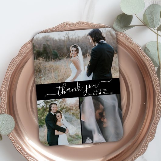 Elegant Black 3 Foto Weddenschap Bedankt Magnet Magneet