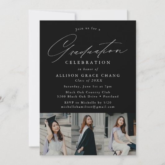 Elegant Black 3 Photo Graduparty Kaart (Voorkant)
