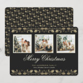 Elegant Black 3 Photo Merry-kerstkaarten Feestdagenkaart (Voorkant / Achterkant)