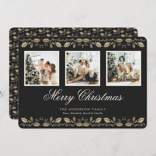 Elegant Black 3 Photo Merry-kerstkaarten Feestdagenkaart (Voorkant / Achterkant)