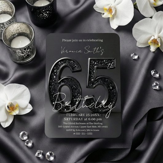 Elegant Black 3D Glitter Sparkle 65th Birthday Kaart