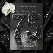 Elegant Black 3D Glitter Sparkle 75th Birthday Kaart