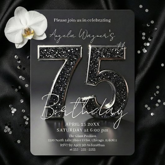 Elegant Black 3D Glitter Sparkle 75th Birthday Kaart
