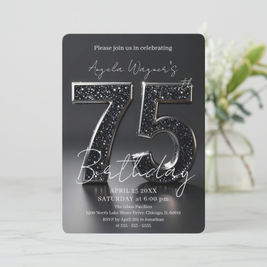 Elegant Black 3D Glitter Sparkle 75th Birthday Kaart (Staand voorkant)