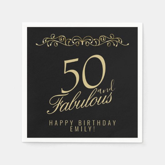 Elegant Black 50 en Fabulous 50th Birthday Servet (Voorkant)