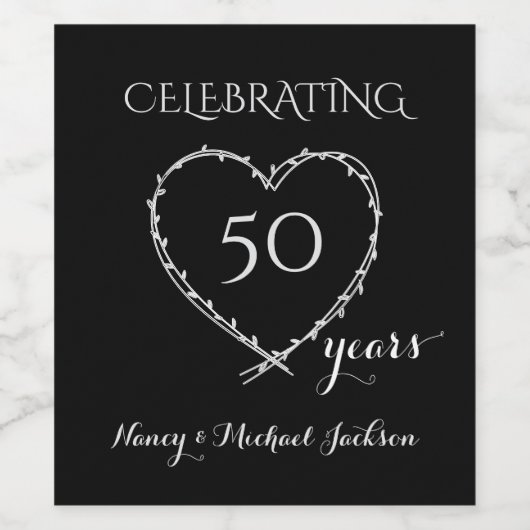 Elegant Black 50 Years Anniversary with Wreath Wijn Etiket (Enkel label)