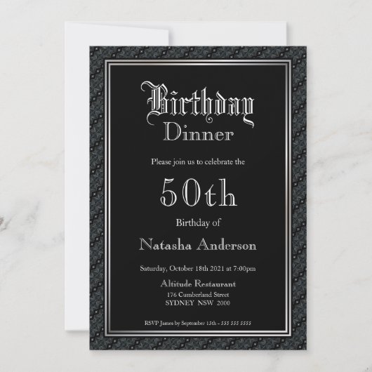 Elegant Black 50th Birthday Dinner Invitation Kaart (Voorkant)