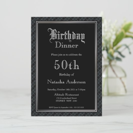 Elegant Black 50th Birthday Dinner Invitation Kaart (Staand voorkant)