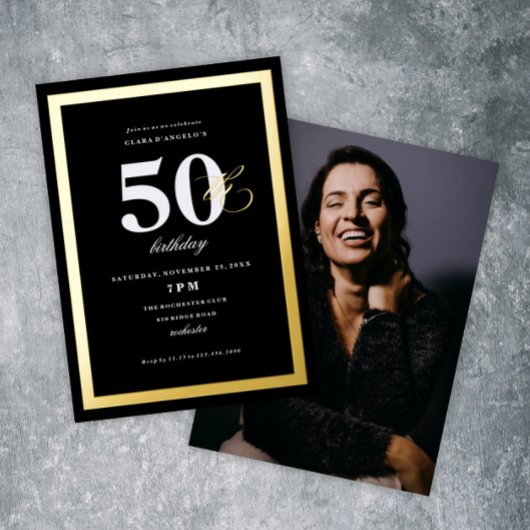 Elegant Black 50th Birthday Party Gold Folie Uitnodiging