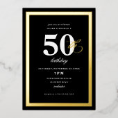 Elegant Black 50th Birthday Party Gold Folie Uitnodiging (Voorkant)