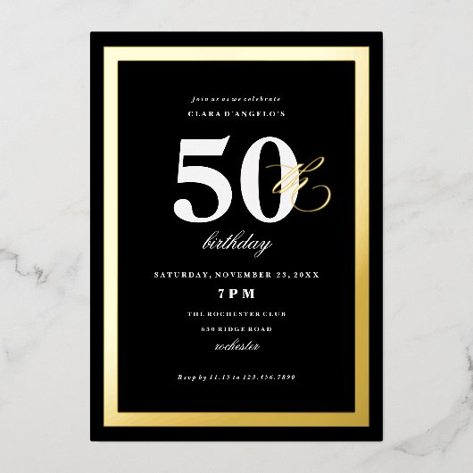 Elegant Black 50th Birthday Party Gold Folie Uitnodiging (Voorkant)